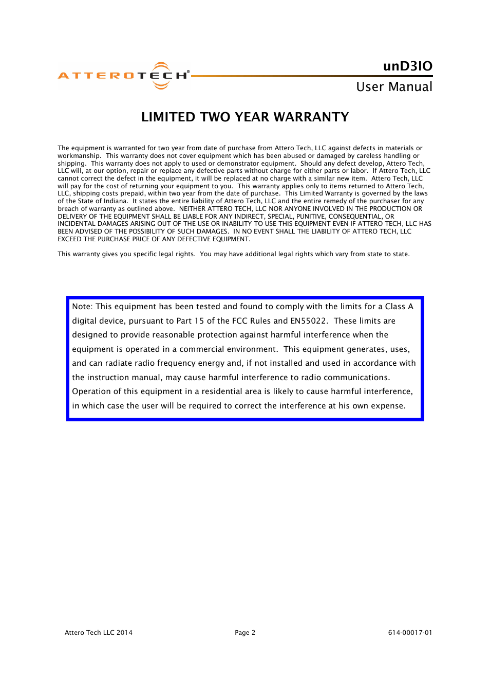 Und3io, User manual, Limited two year warranty | Attero Tech unD3IO User Manual | Page 3 / 14