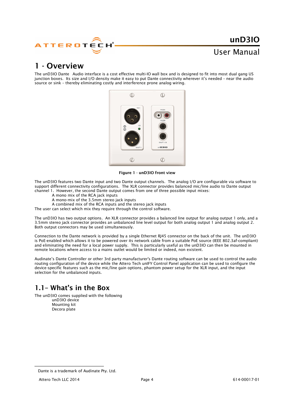 Und3io, User manual, 1 - overview | 1– what’s in the box | Attero Tech unD3IO User Manual | Page 5 / 14