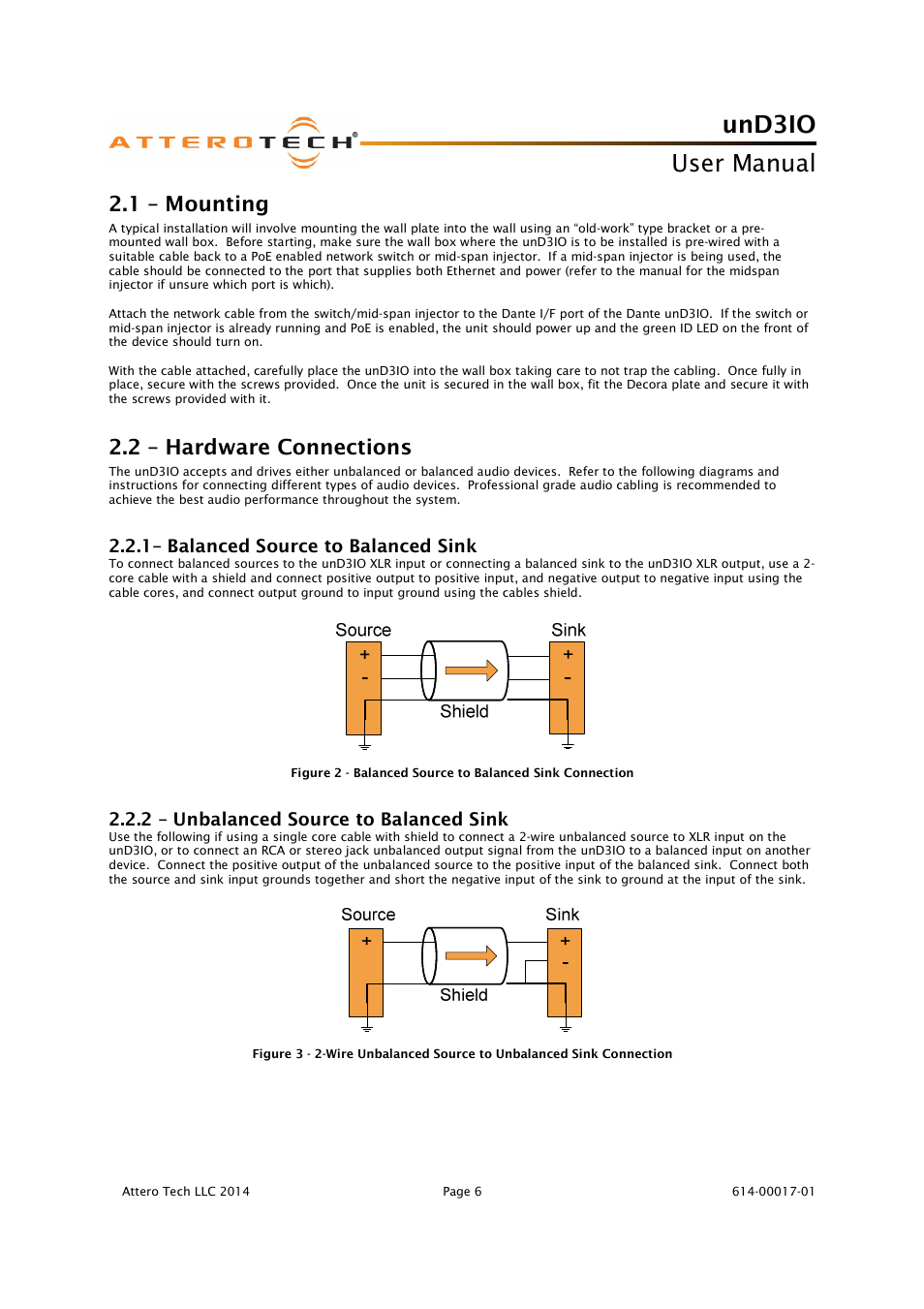 Und3io, User manual, 1 – mounting | 2 – hardware connections, 1– balanced source to balanced sink, 2 – unbalanced source to balanced sink | Attero Tech unD3IO User Manual | Page 7 / 14