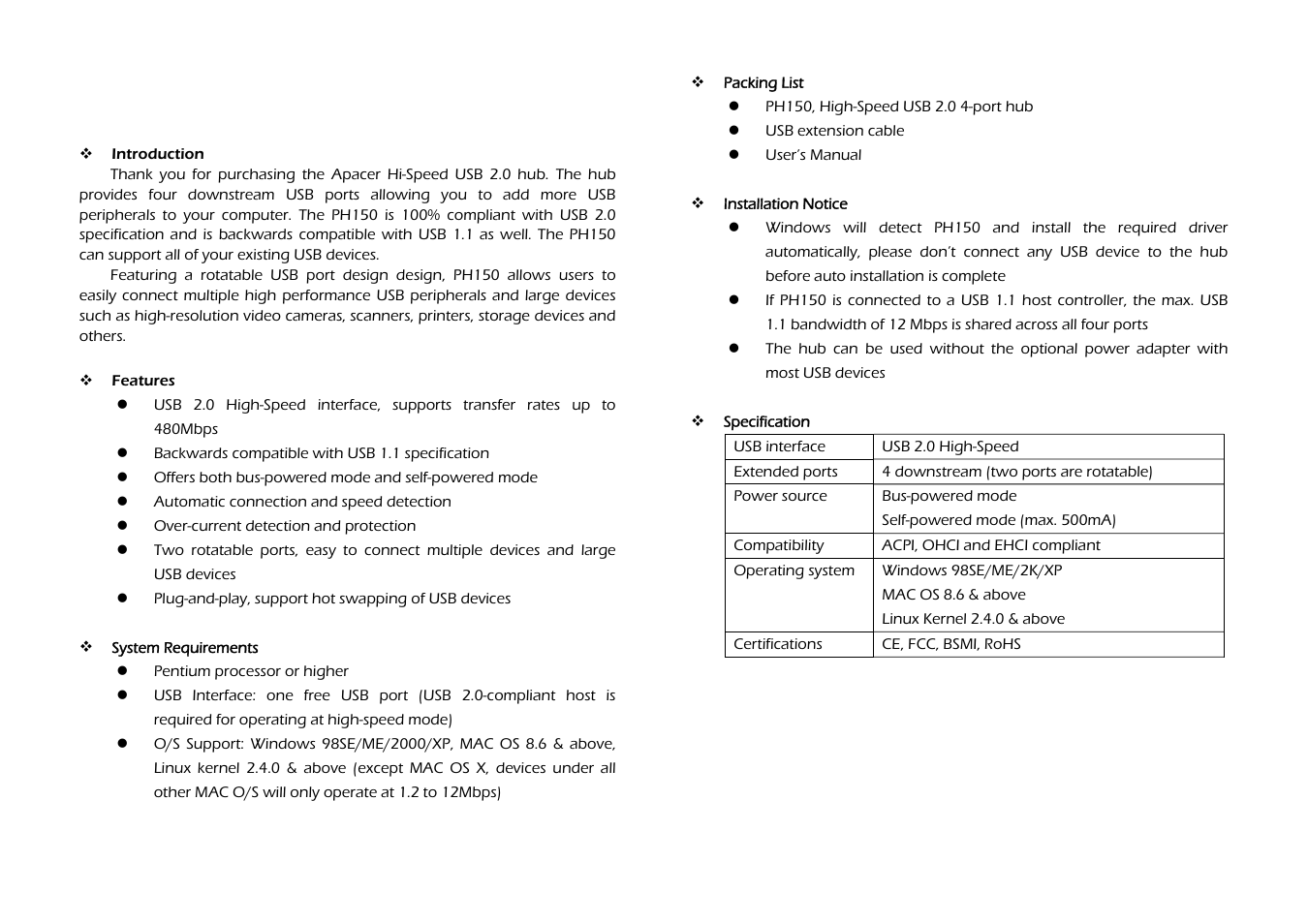 Apacer Technology PH150 User Manual | 1 page