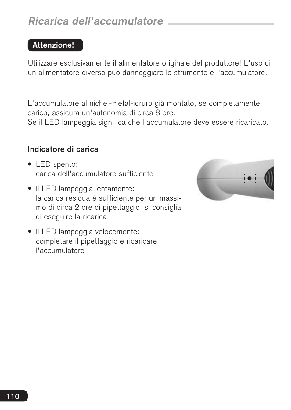 Ricarica dell'accumulatore | BrandTech Scientific accu-jetpro User Manual | Page 110 / 124