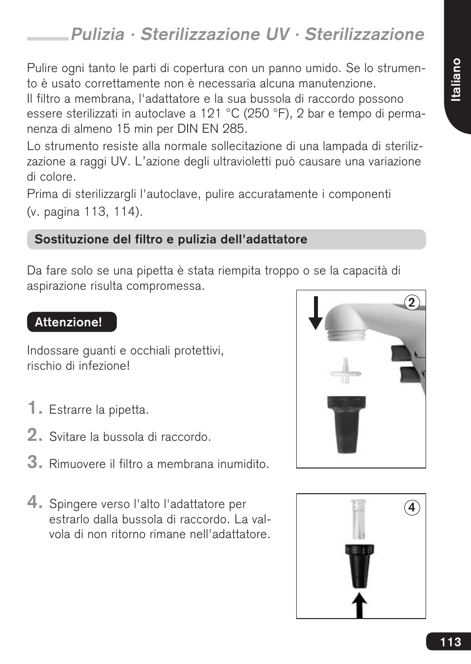 Pulizia · sterilizzazione uv · sterilizzazione | BrandTech Scientific accu-jetpro User Manual | Page 113 / 124