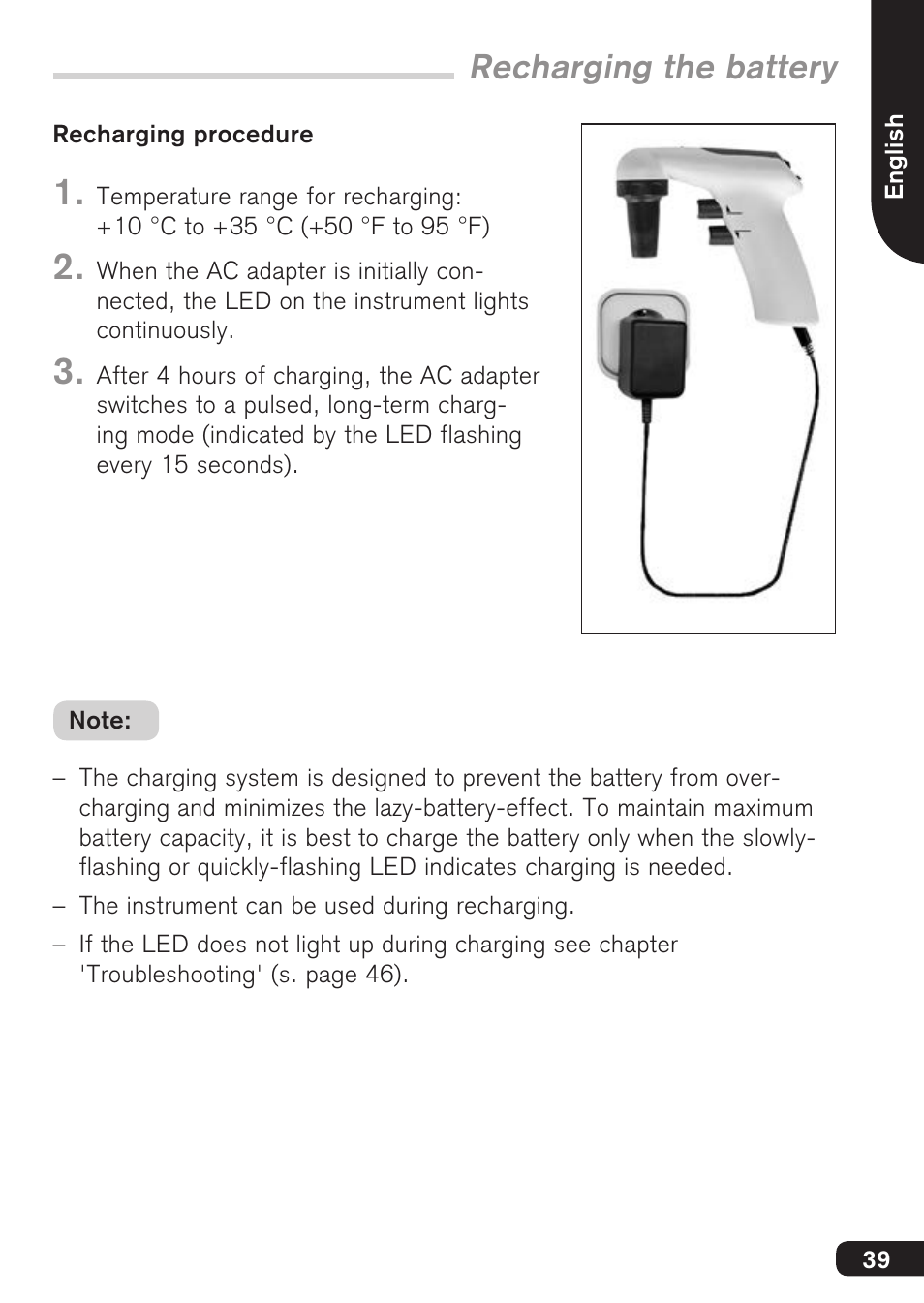 Recharging the battery | BrandTech Scientific accu-jetpro User Manual | Page 39 / 124