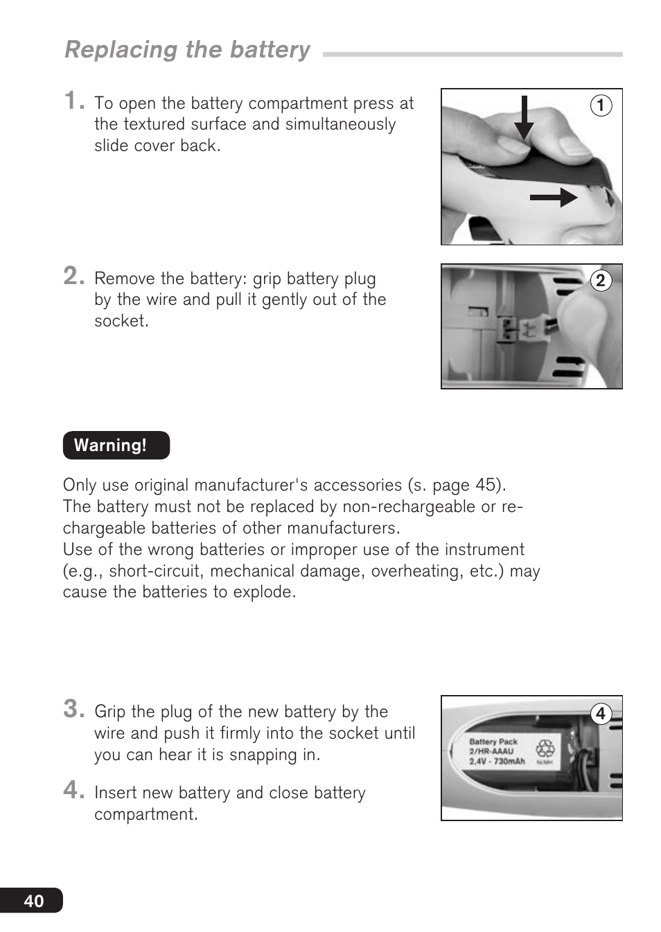 Replacing the battery | BrandTech Scientific accu-jetpro User Manual | Page 40 / 124