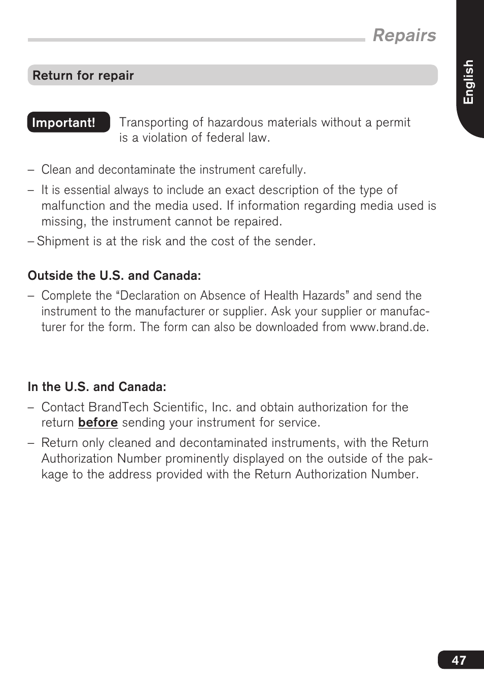 Repairs | BrandTech Scientific accu-jetpro User Manual | Page 47 / 124