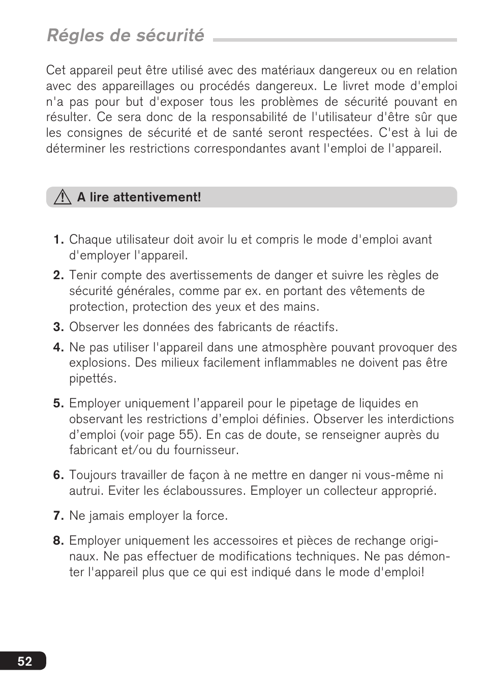 Régles de sécurité | BrandTech Scientific accu-jetpro User Manual | Page 52 / 124