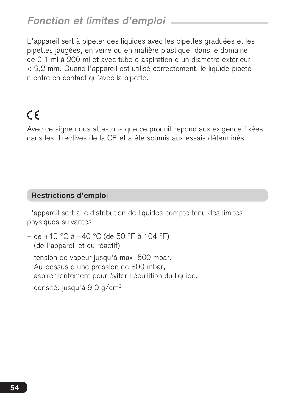 Fonction et limites d'emploi | BrandTech Scientific accu-jetpro User Manual | Page 54 / 124