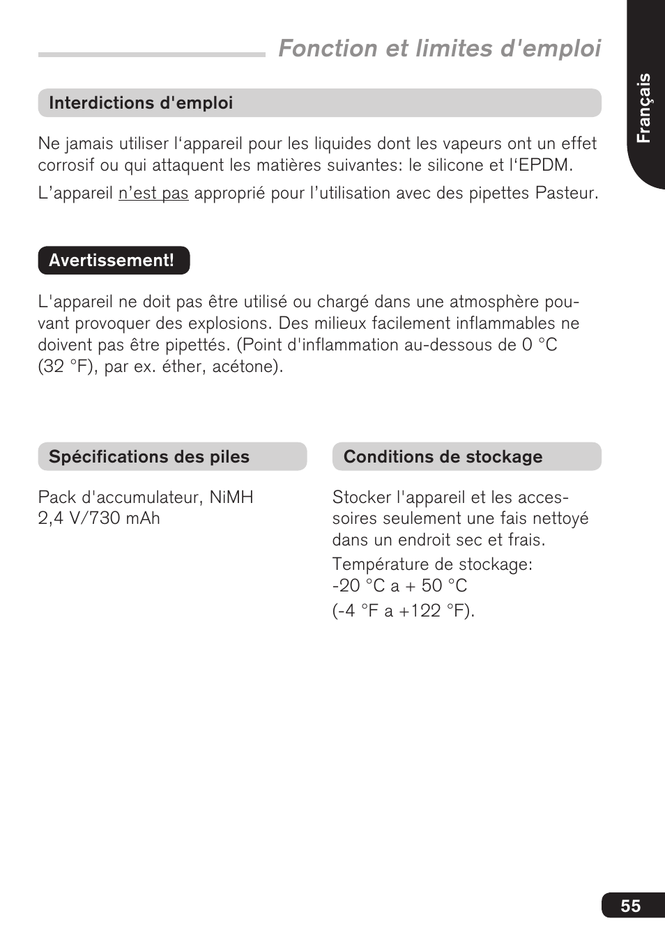 Fonction et limites d'emploi | BrandTech Scientific accu-jetpro User Manual | Page 55 / 124