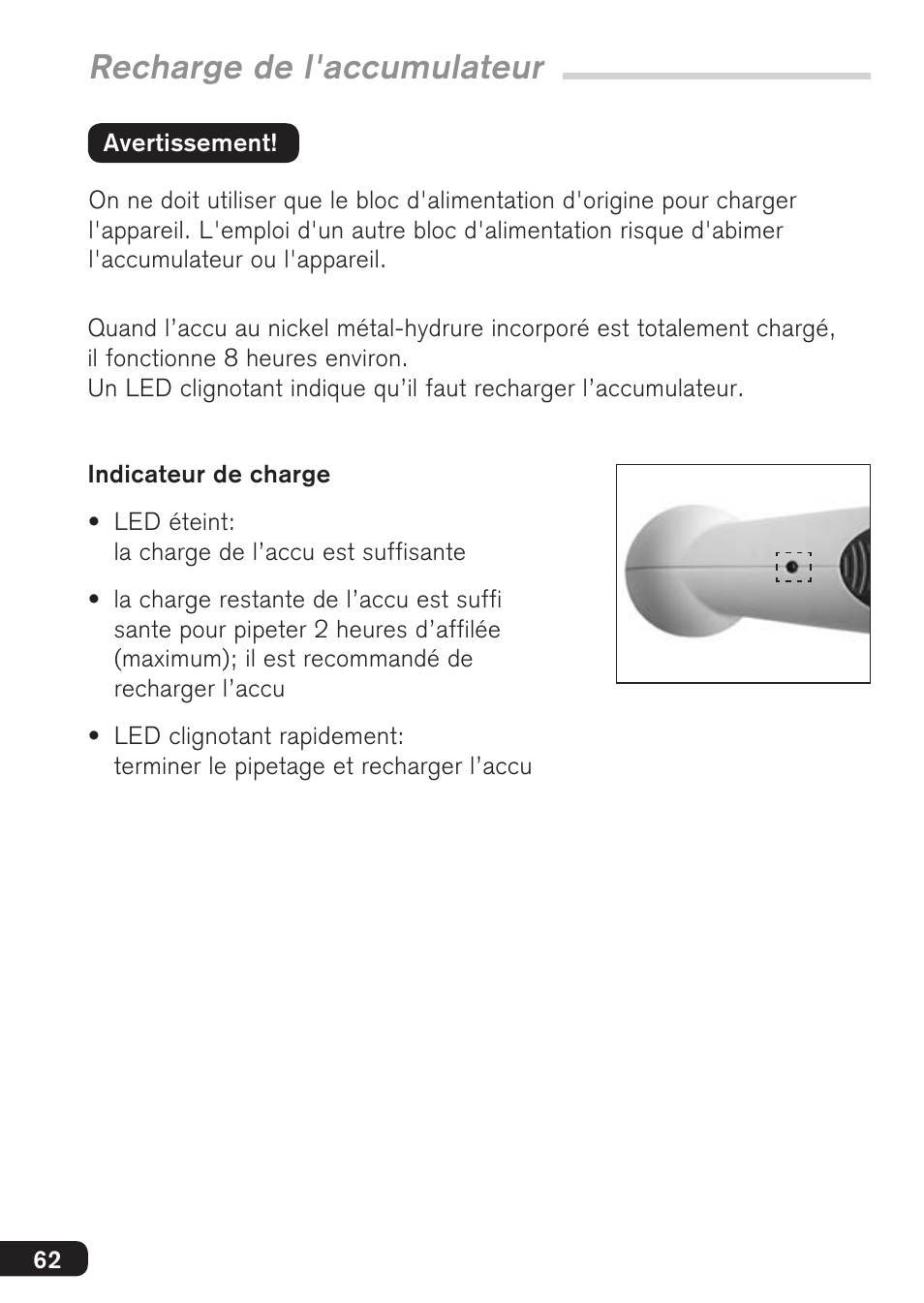Recharge de l'accumulateur | BrandTech Scientific accu-jetpro User Manual | Page 62 / 124