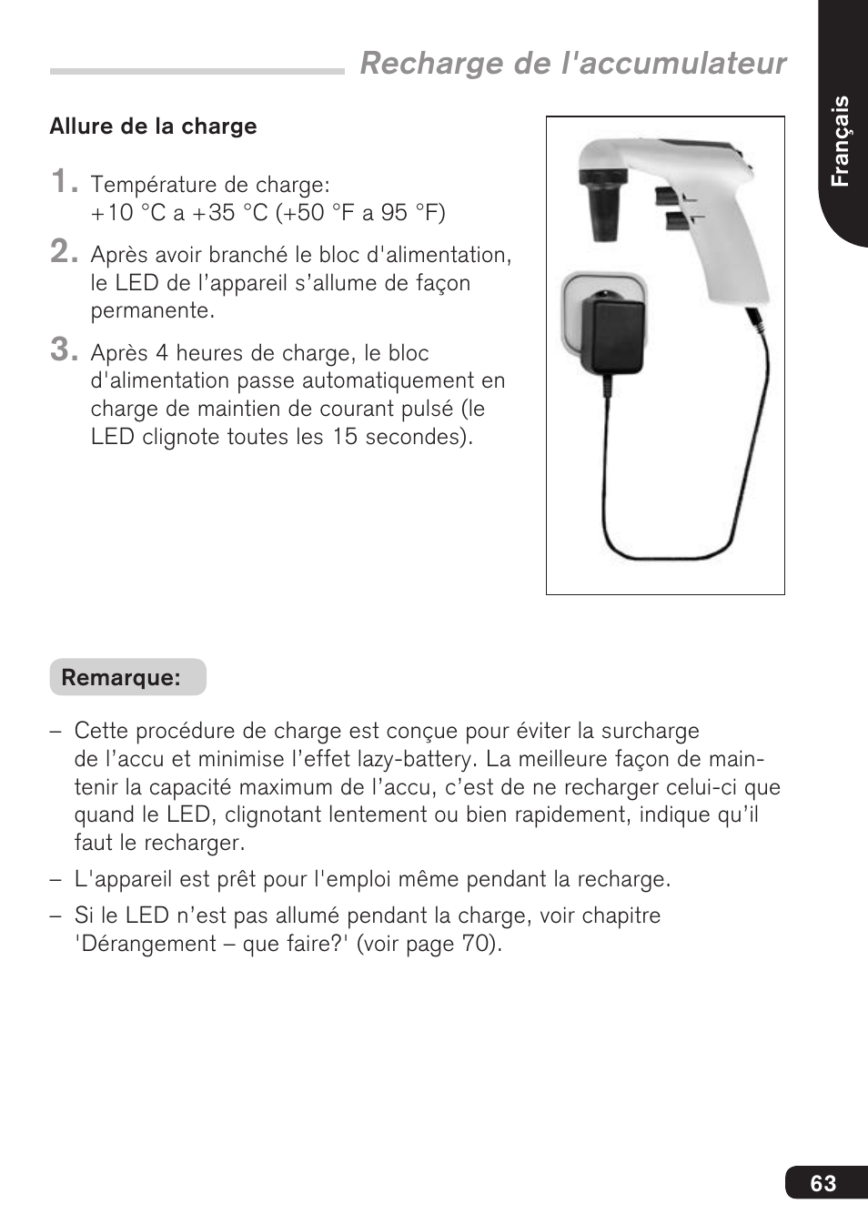 Recharge de l'accumulateur | BrandTech Scientific accu-jetpro User Manual | Page 63 / 124
