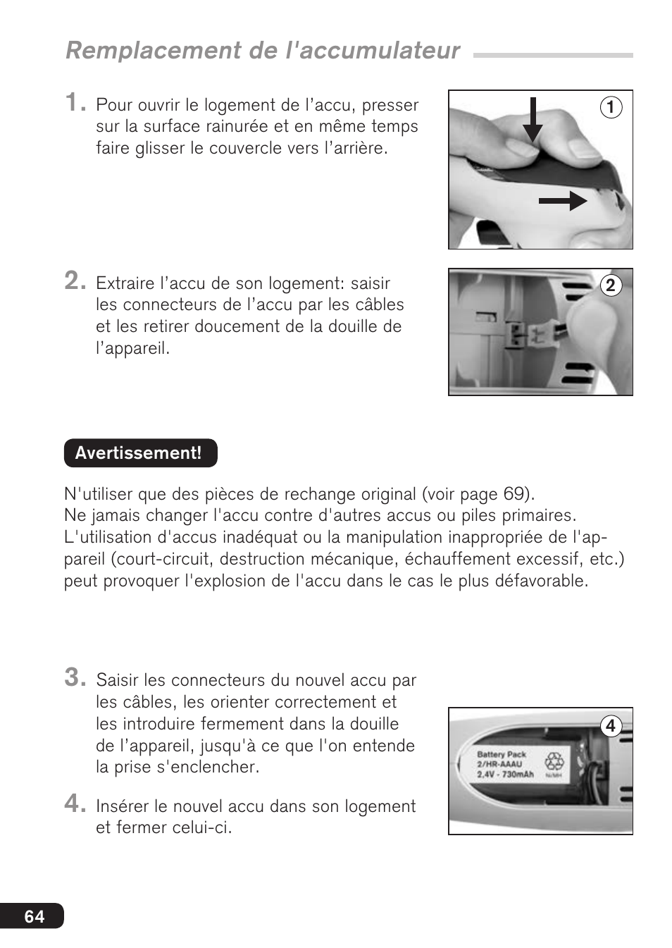Remplacement de l'accumulateur | BrandTech Scientific accu-jetpro User Manual | Page 64 / 124