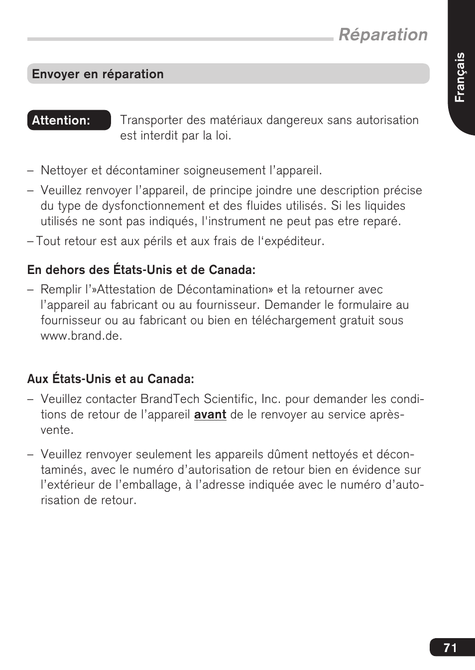 Réparation | BrandTech Scientific accu-jetpro User Manual | Page 71 / 124