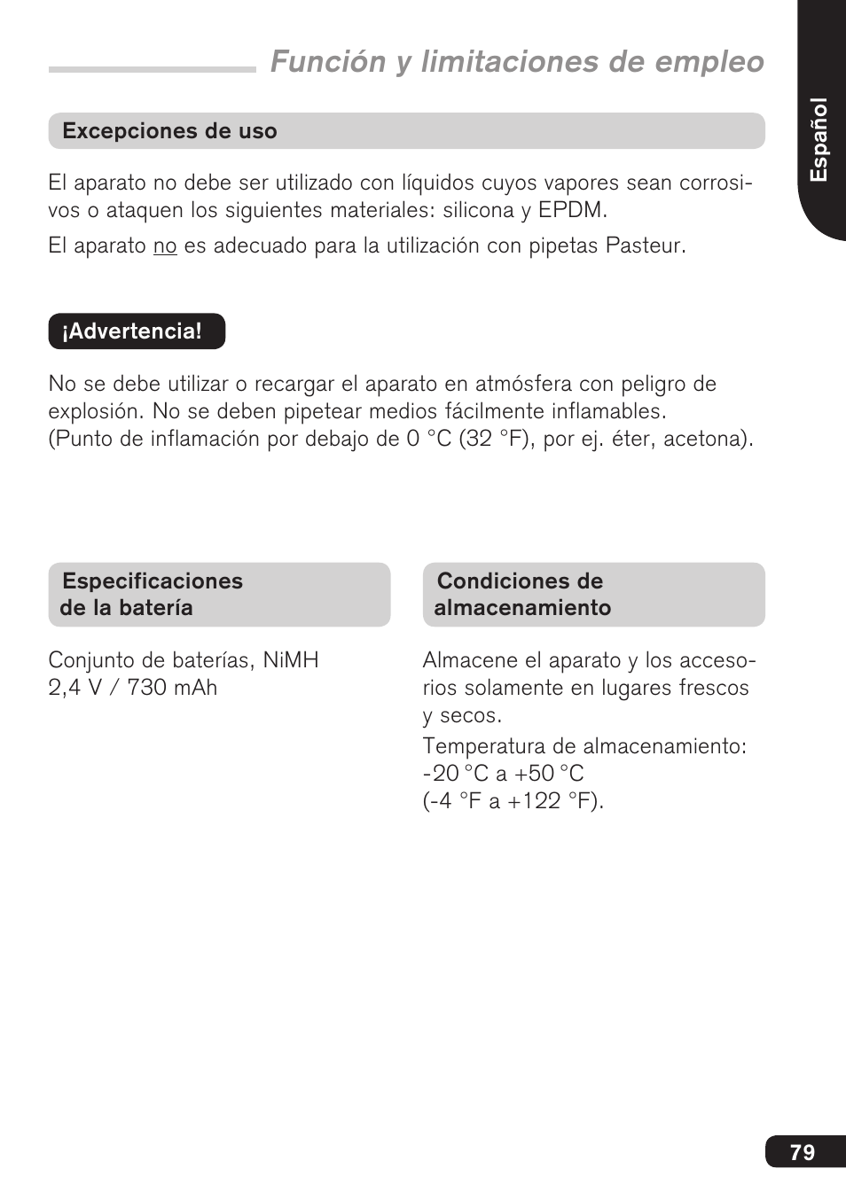 Función y limitaciones de empleo | BrandTech Scientific accu-jetpro User Manual | Page 79 / 124