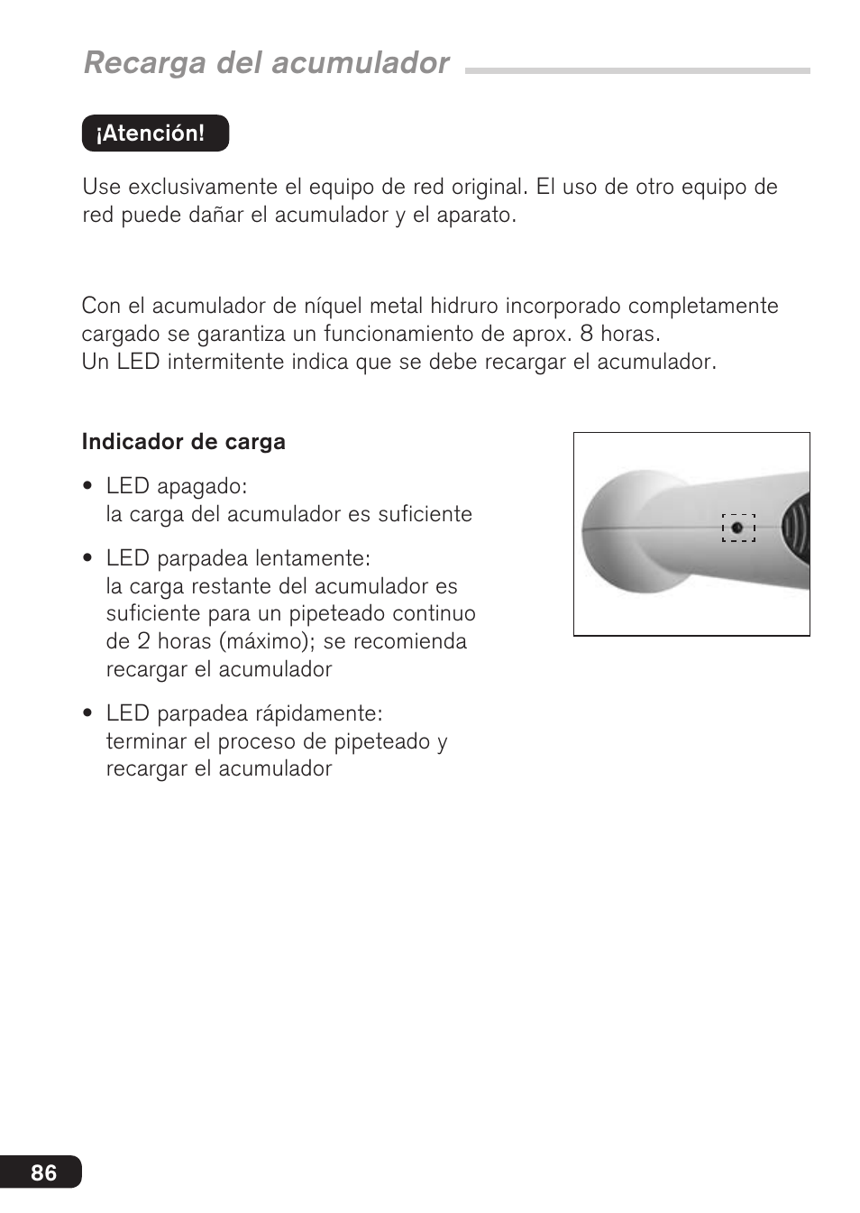 Recarga del acumulador | BrandTech Scientific accu-jetpro User Manual | Page 86 / 124