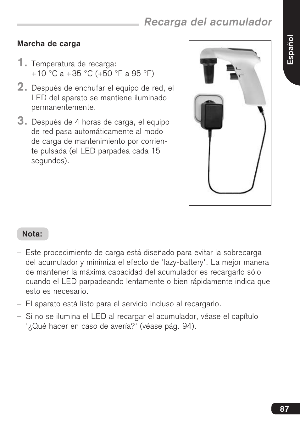 Recarga del acumulador | BrandTech Scientific accu-jetpro User Manual | Page 87 / 124