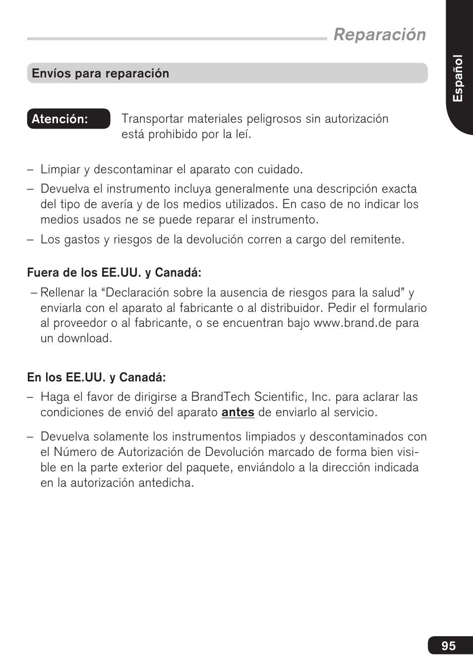 Reparación | BrandTech Scientific accu-jetpro User Manual | Page 95 / 124