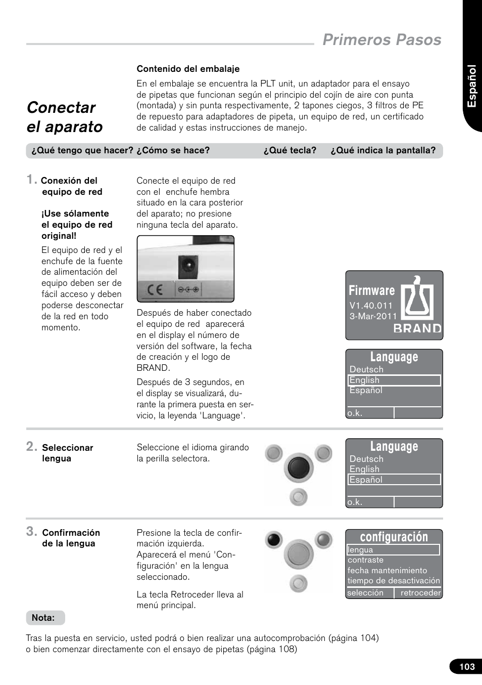 Primeros pasos, Conectar el aparato, Language | Configuración, Firmware | BrandTech Scientific PLT unit Pipette Leak Testing Unit User Manual | Page 103 / 132