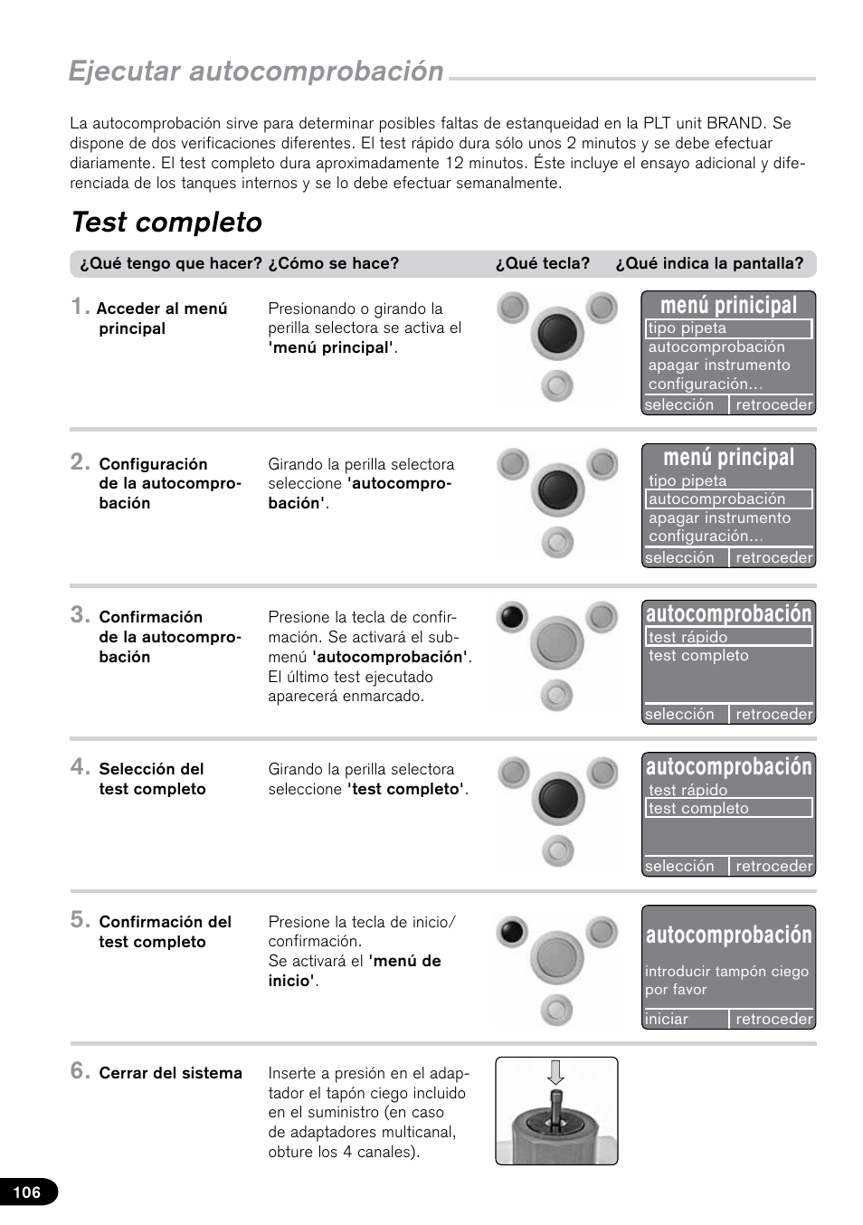 Ejecutar autocomprobación test completo, Menú prinicipal, Menú principal | Autocomprobación | BrandTech Scientific PLT unit Pipette Leak Testing Unit User Manual | Page 106 / 132