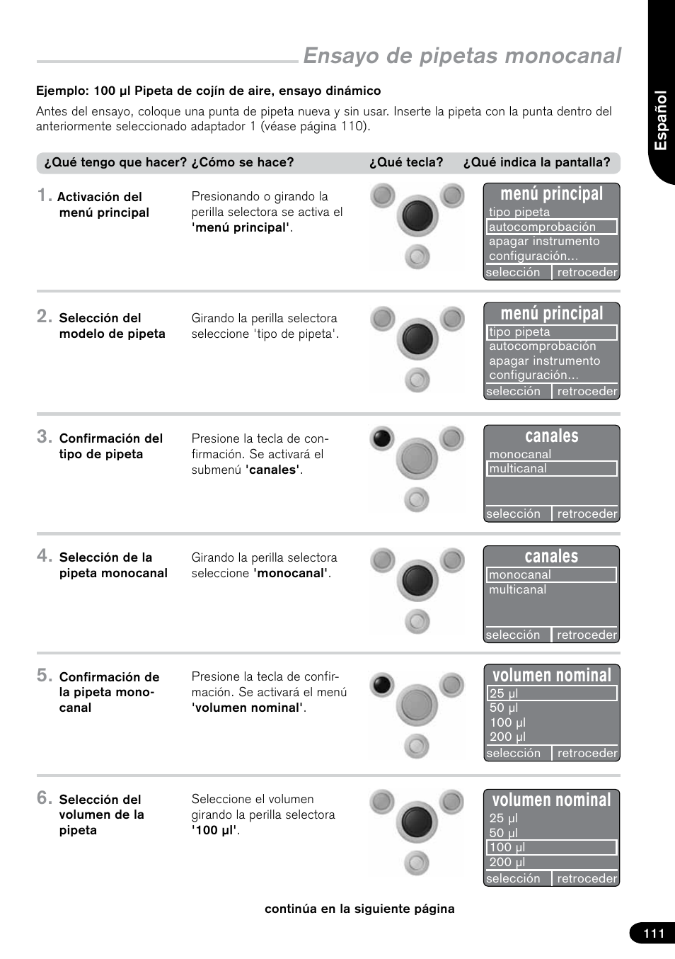 Ensayo de pipetas monocanal, Menú principal, Canales | Volumen nominal | BrandTech Scientific PLT unit Pipette Leak Testing Unit User Manual | Page 111 / 132