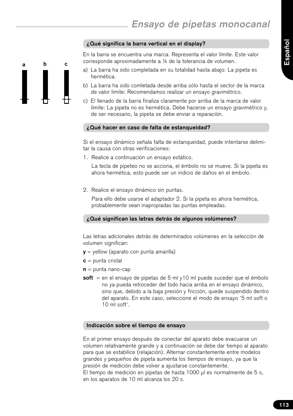 Ensayo de pipetas monocanal | BrandTech Scientific PLT unit Pipette Leak Testing Unit User Manual | Page 113 / 132