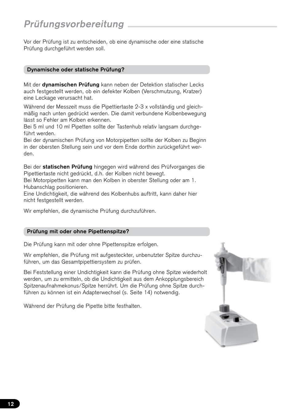 Prüfungsvorbereitung | BrandTech Scientific PLT unit Pipette Leak Testing Unit User Manual | Page 12 / 132