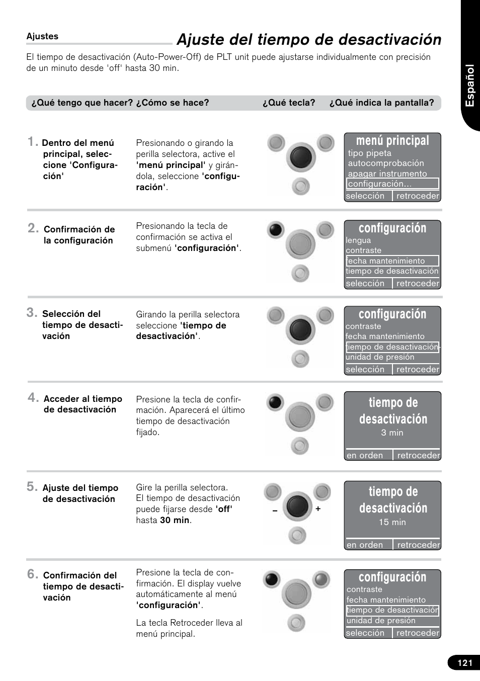 Ajuste del tiempo de desactivación, Menú principal, Configuración | Tiempo de desactivación | BrandTech Scientific PLT unit Pipette Leak Testing Unit User Manual | Page 121 / 132