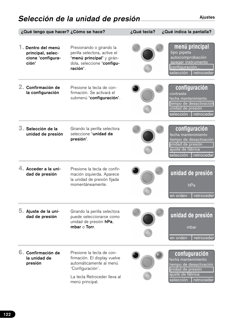 Selección de la unidad de presión, Menú principal, Configuración | Unidad de presión, Confuguración | BrandTech Scientific PLT unit Pipette Leak Testing Unit User Manual | Page 122 / 132
