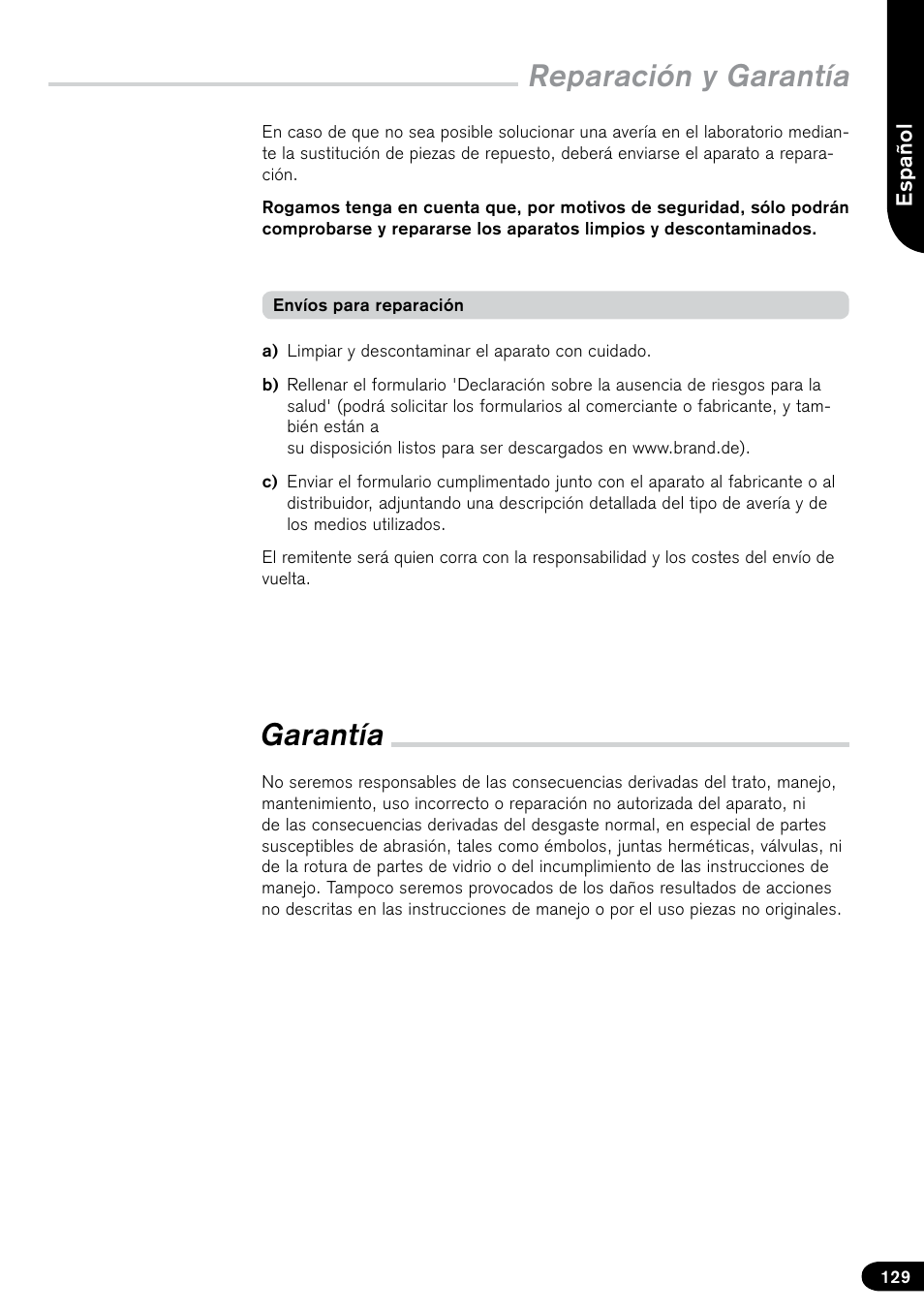 Reparación y garantía, Garantía | BrandTech Scientific PLT unit Pipette Leak Testing Unit User Manual | Page 129 / 132