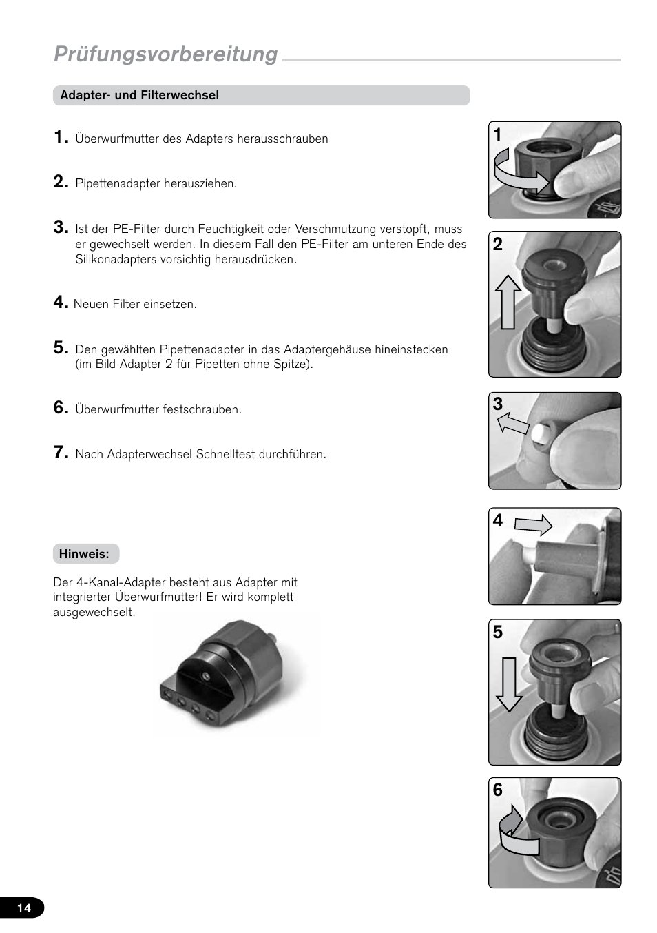 Prüfungsvorbereitung | BrandTech Scientific PLT unit Pipette Leak Testing Unit User Manual | Page 14 / 132