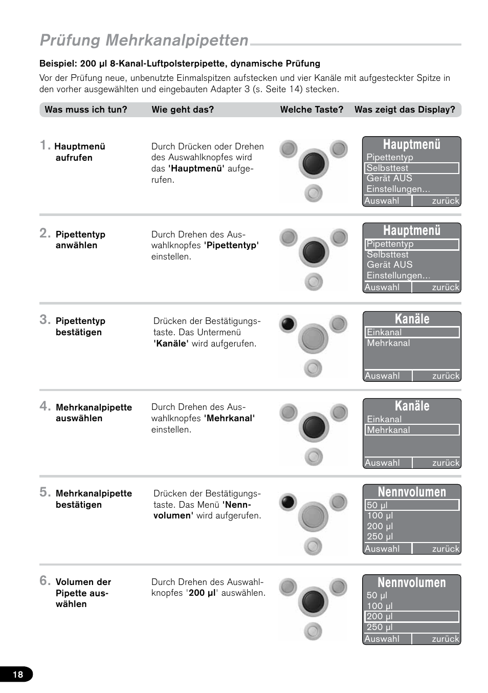 Prüfung mehrkanalpipetten, Hauptmenü, Kanäle | Nennvolumen | BrandTech Scientific PLT unit Pipette Leak Testing Unit User Manual | Page 18 / 132