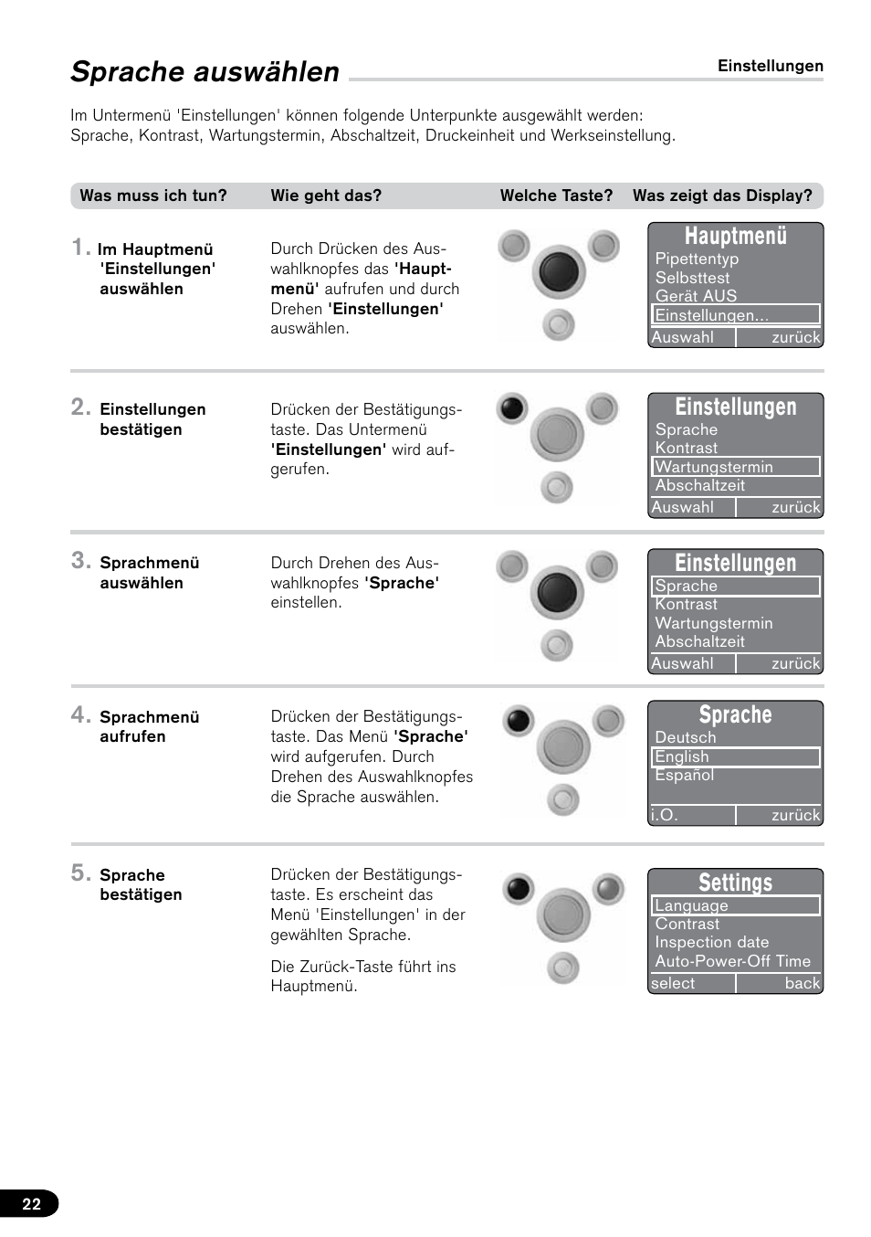 Sprache auswählen, Hauptmenü, Einstellungen | Sprache, Settings | BrandTech Scientific PLT unit Pipette Leak Testing Unit User Manual | Page 22 / 132