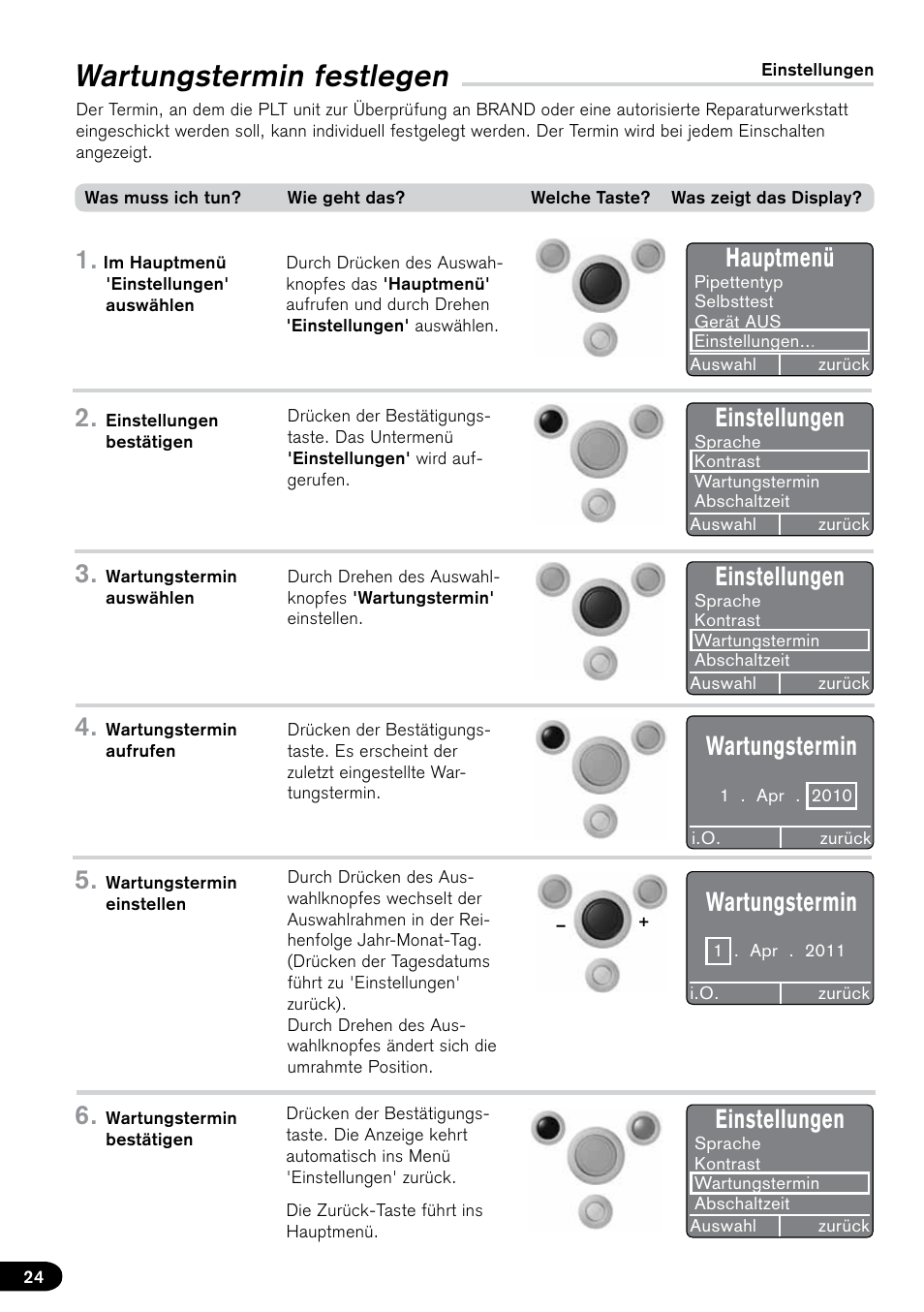 Wartungstermin festlegen, Hauptmenü, Einstellungen | Wartungstermin | BrandTech Scientific PLT unit Pipette Leak Testing Unit User Manual | Page 24 / 132