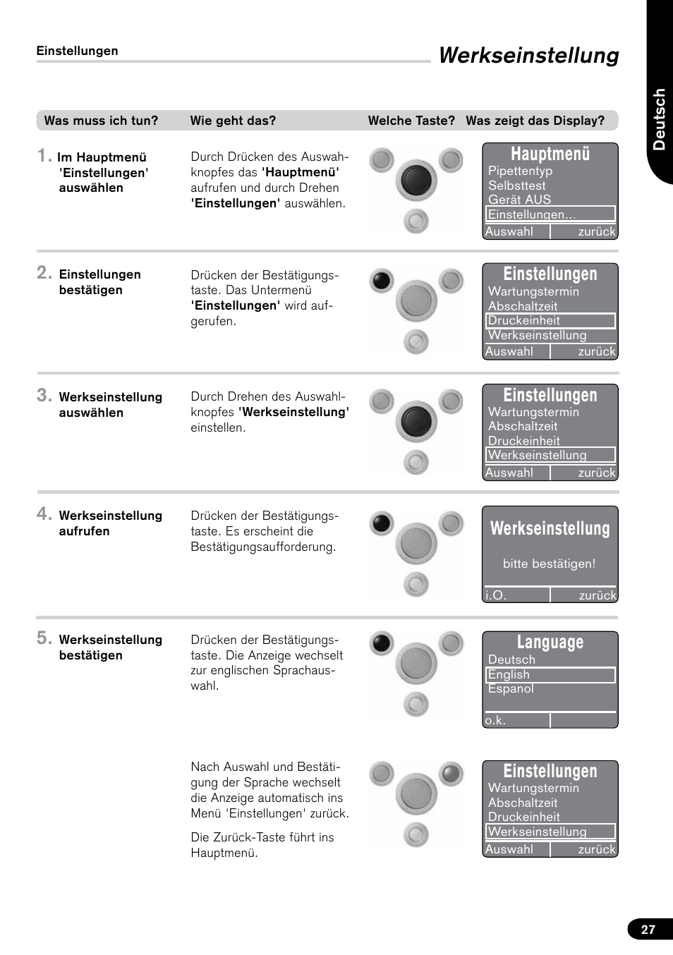 Werkseinstellung, Hauptmenü, Einstellungen | Language | BrandTech Scientific PLT unit Pipette Leak Testing Unit User Manual | Page 27 / 132