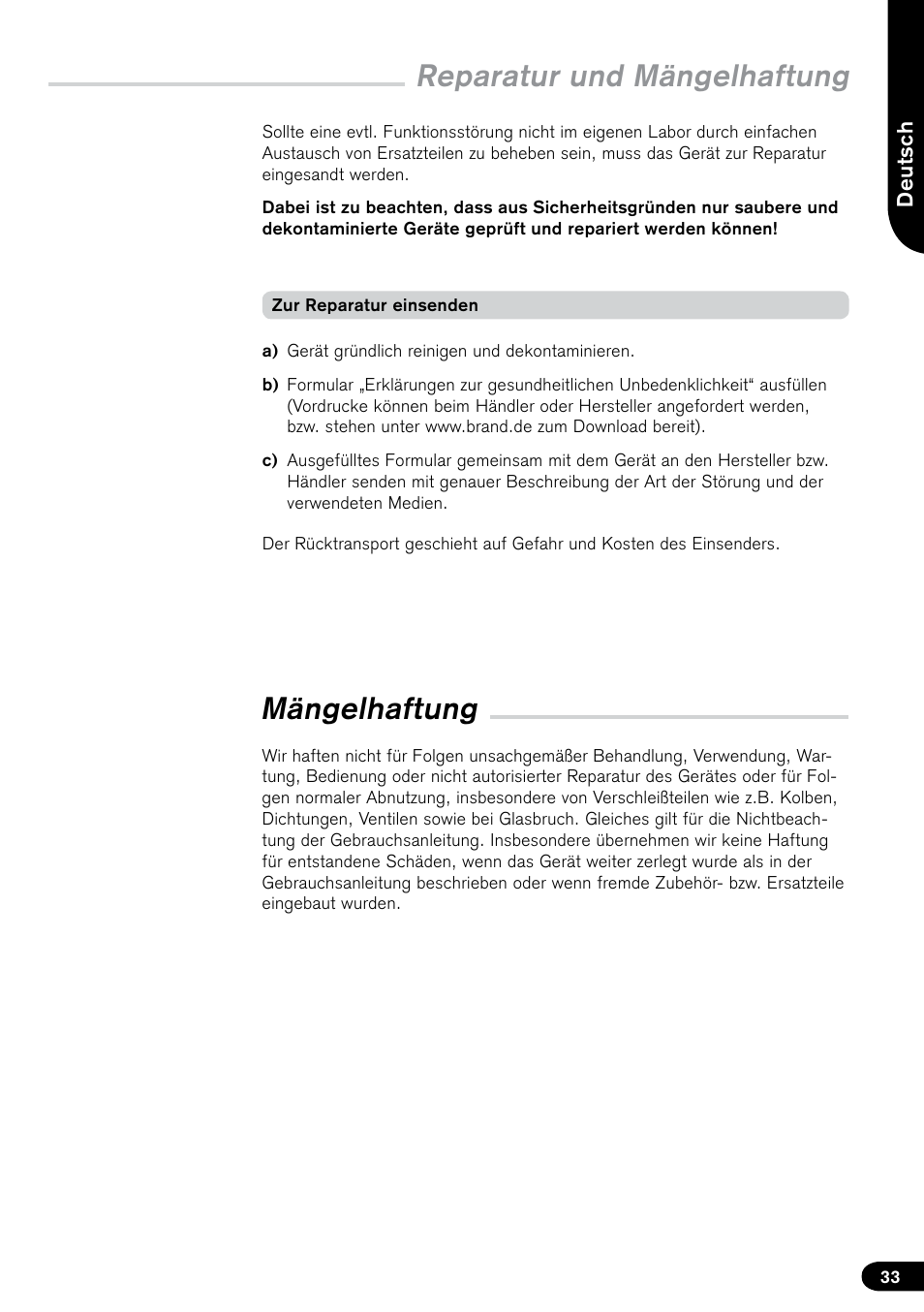 Mängelhaftung, Reparatur und mängelhaftung | BrandTech Scientific PLT unit Pipette Leak Testing Unit User Manual | Page 33 / 132