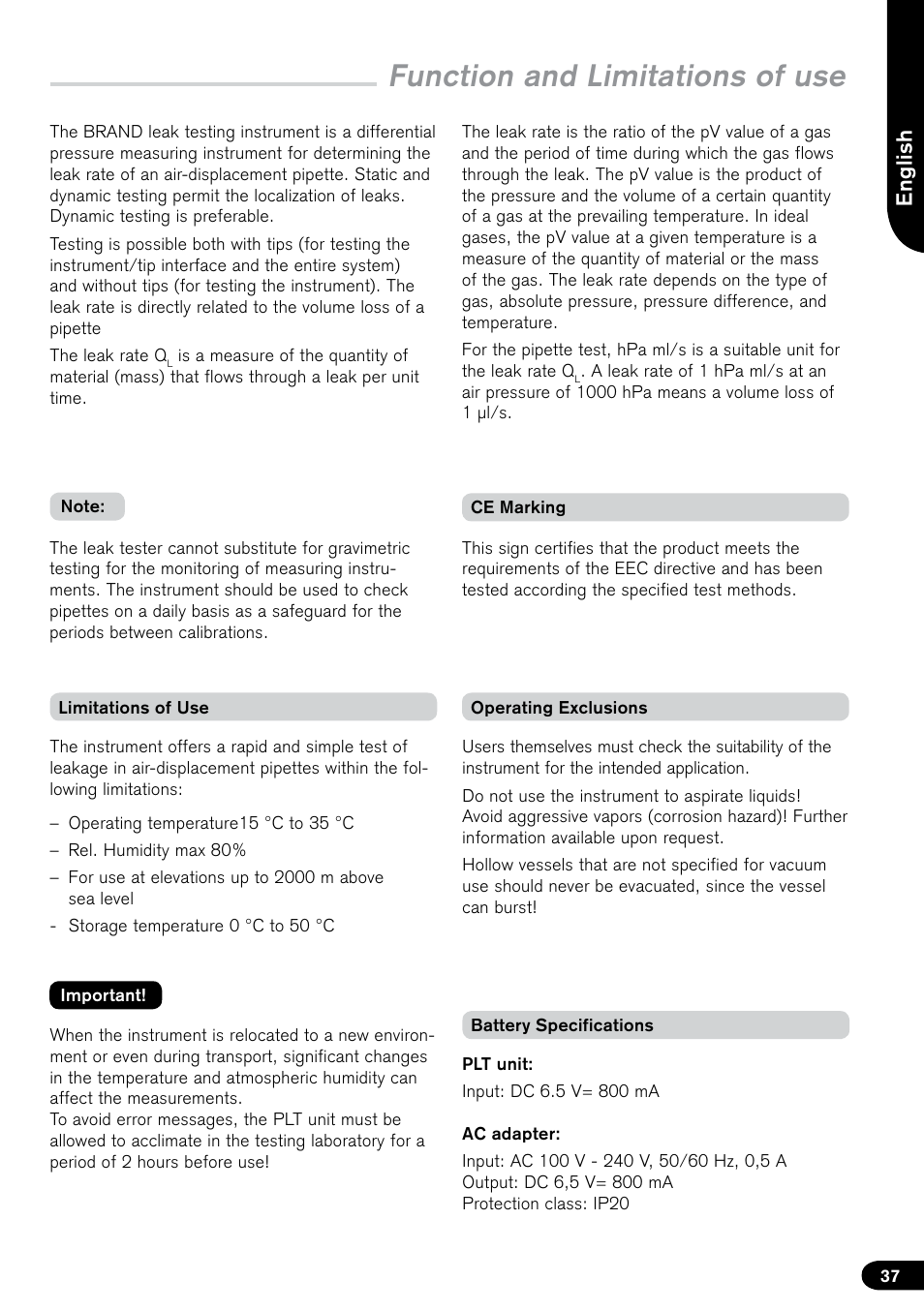 Function and limitations of use, Eng lis h | BrandTech Scientific PLT unit Pipette Leak Testing Unit User Manual | Page 37 / 132
