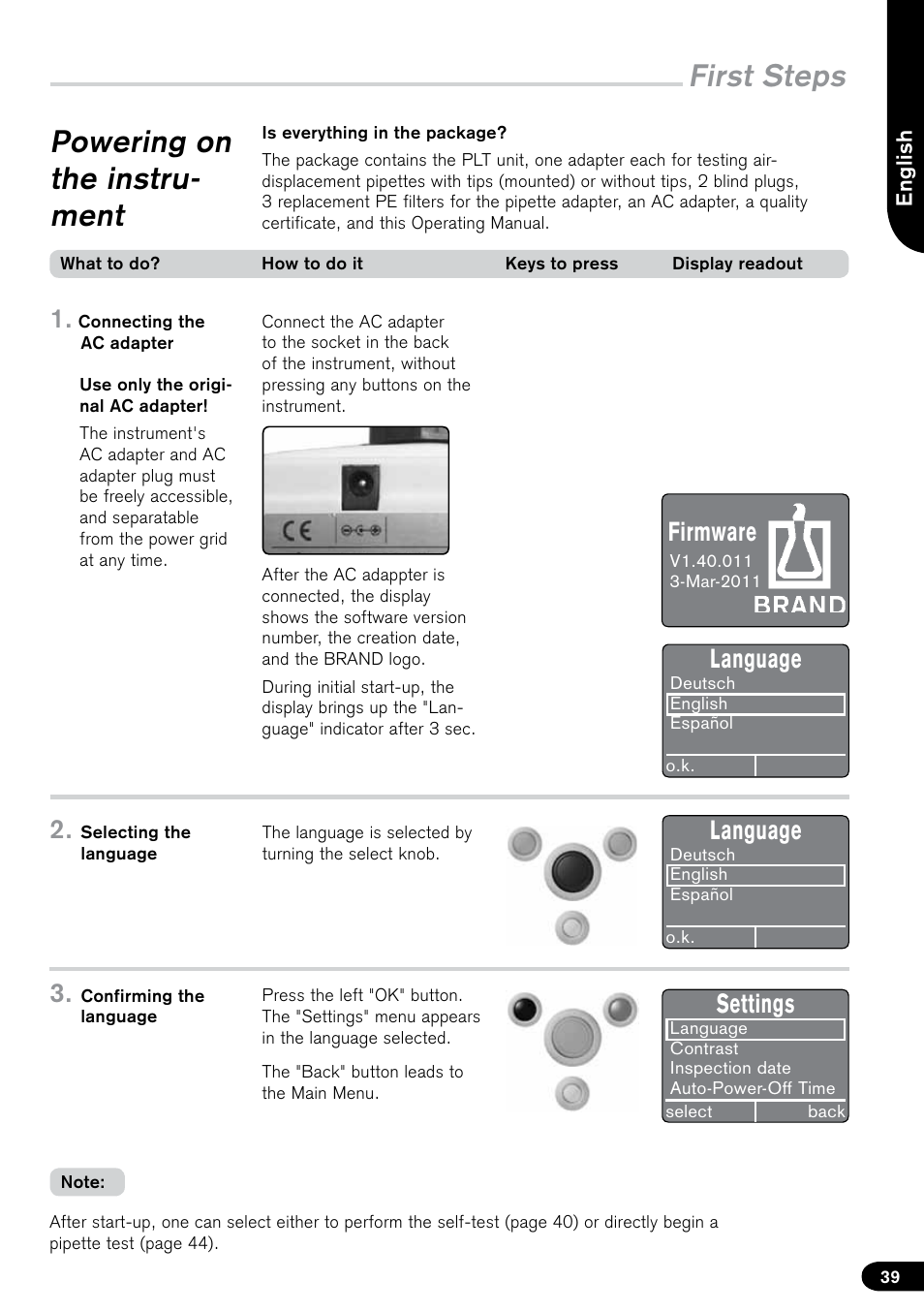 First steps, Powering on the instru- ment, Language | Settings, Firmware | BrandTech Scientific PLT unit Pipette Leak Testing Unit User Manual | Page 39 / 132