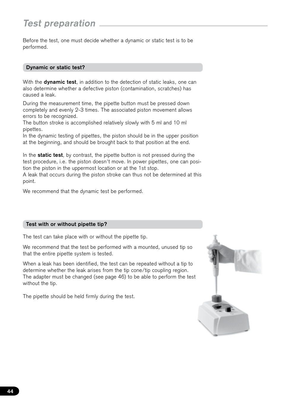 Test preparation | BrandTech Scientific PLT unit Pipette Leak Testing Unit User Manual | Page 44 / 132