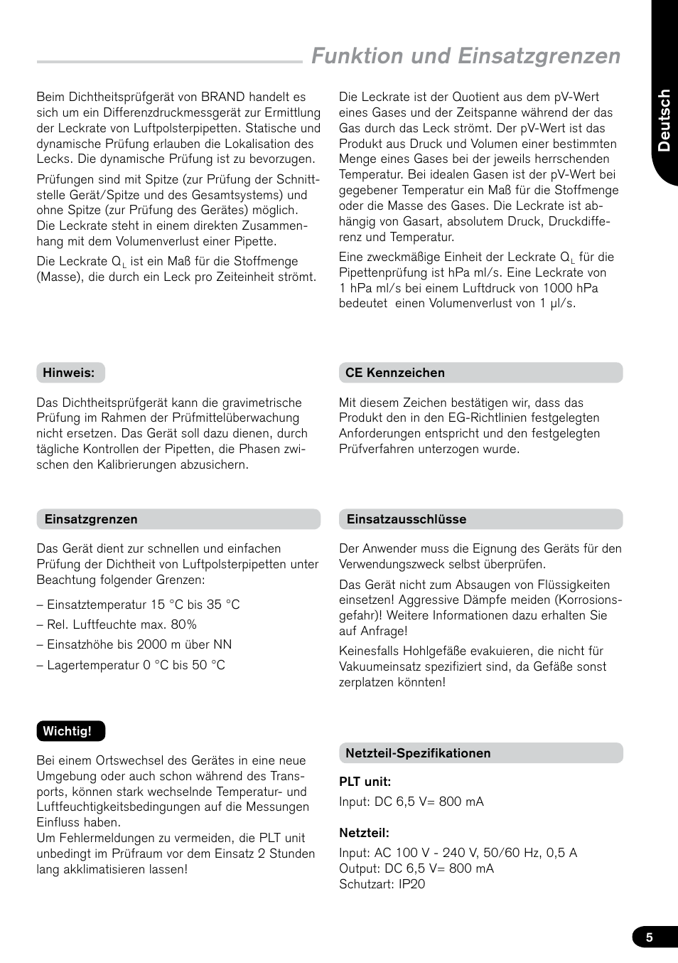 Funktion und einsatzgrenzen, Deu ts ch | BrandTech Scientific PLT unit Pipette Leak Testing Unit User Manual | Page 5 / 132