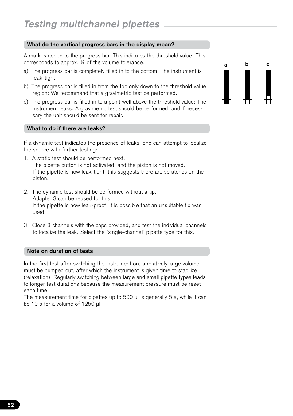 Testing multichannel pipettes | BrandTech Scientific PLT unit Pipette Leak Testing Unit User Manual | Page 52 / 132