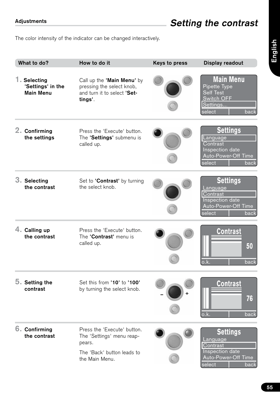 Setting the contrast, Main menu, Settings | Contrast | BrandTech Scientific PLT unit Pipette Leak Testing Unit User Manual | Page 55 / 132