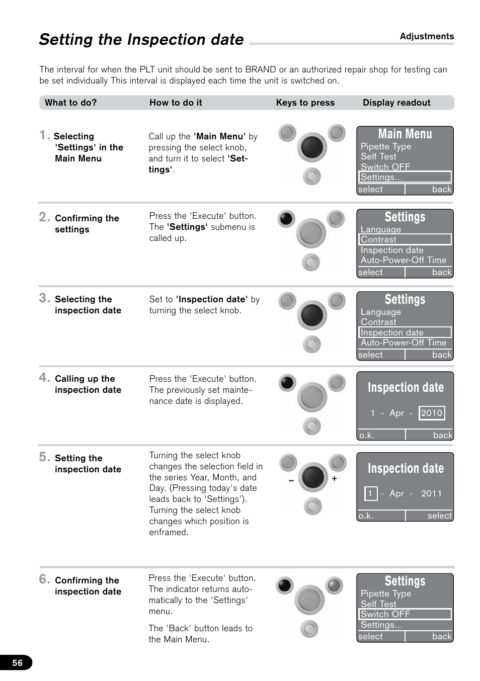 Setting the inspection date, Main menu, Settings | Inspection date | BrandTech Scientific PLT unit Pipette Leak Testing Unit User Manual | Page 56 / 132