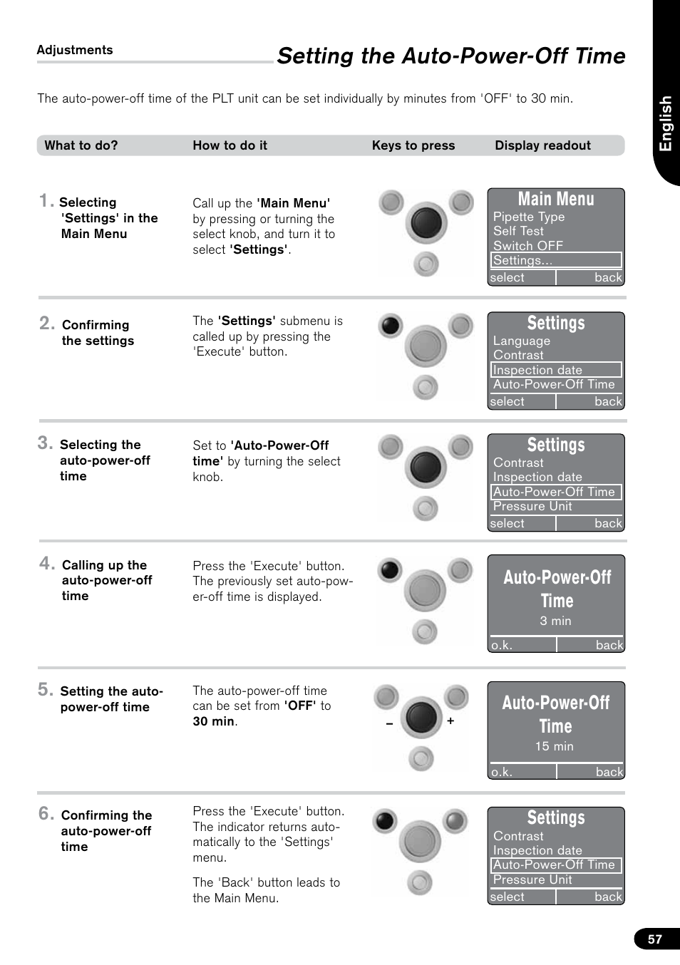 Setting the auto-power-off time, Main menu, Settings | Auto-power-off time | BrandTech Scientific PLT unit Pipette Leak Testing Unit User Manual | Page 57 / 132