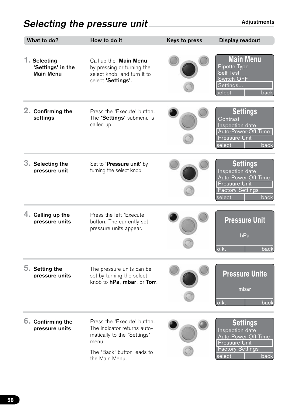 Selecting the pressure unit, Main menu, Settings | Pressure unit, Pressure unite | BrandTech Scientific PLT unit Pipette Leak Testing Unit User Manual | Page 58 / 132