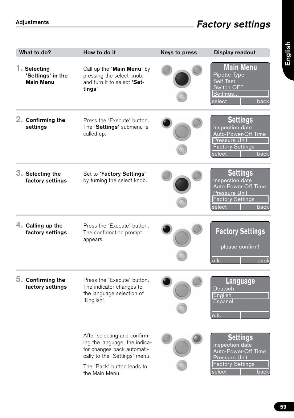 Factory settings, Main menu, Settings | Language | BrandTech Scientific PLT unit Pipette Leak Testing Unit User Manual | Page 59 / 132