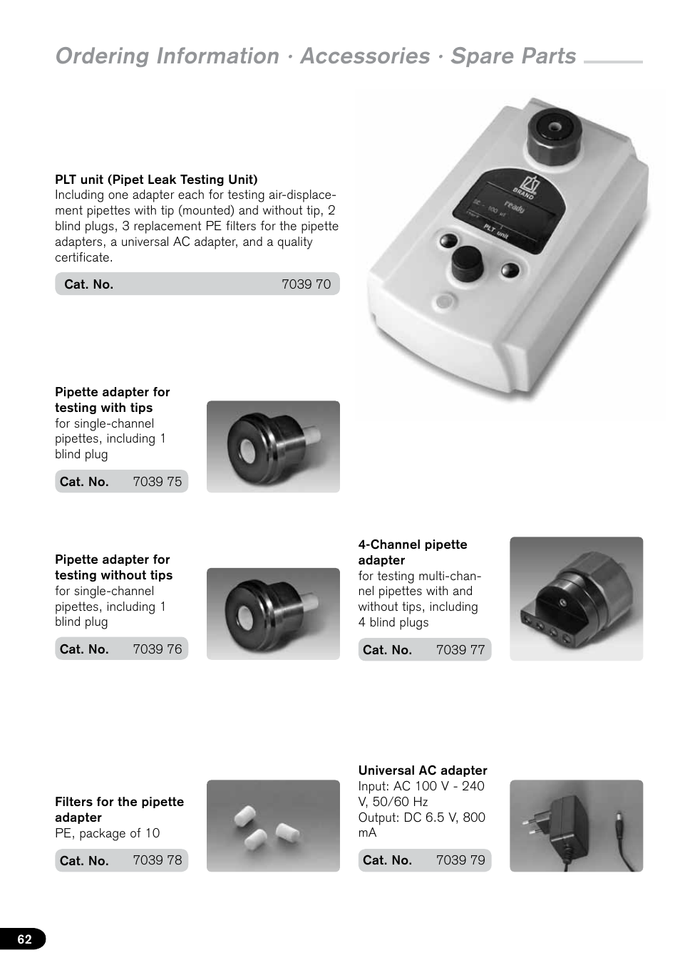 Ordering information · accessories · spare parts | BrandTech Scientific PLT unit Pipette Leak Testing Unit User Manual | Page 62 / 132