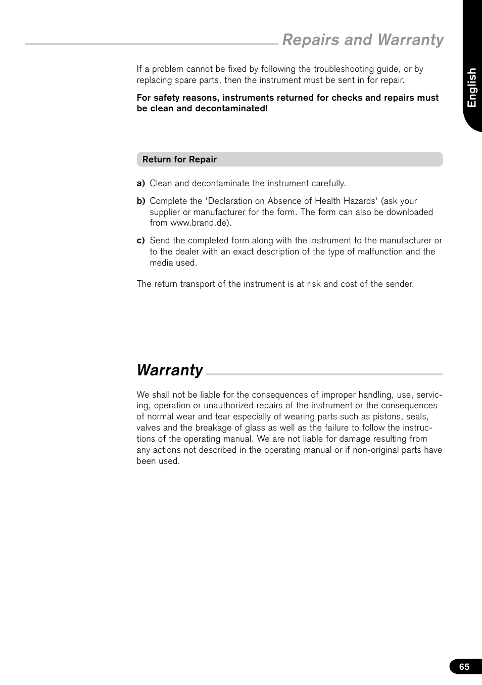 Warranty, Repairs and warranty | BrandTech Scientific PLT unit Pipette Leak Testing Unit User Manual | Page 65 / 132