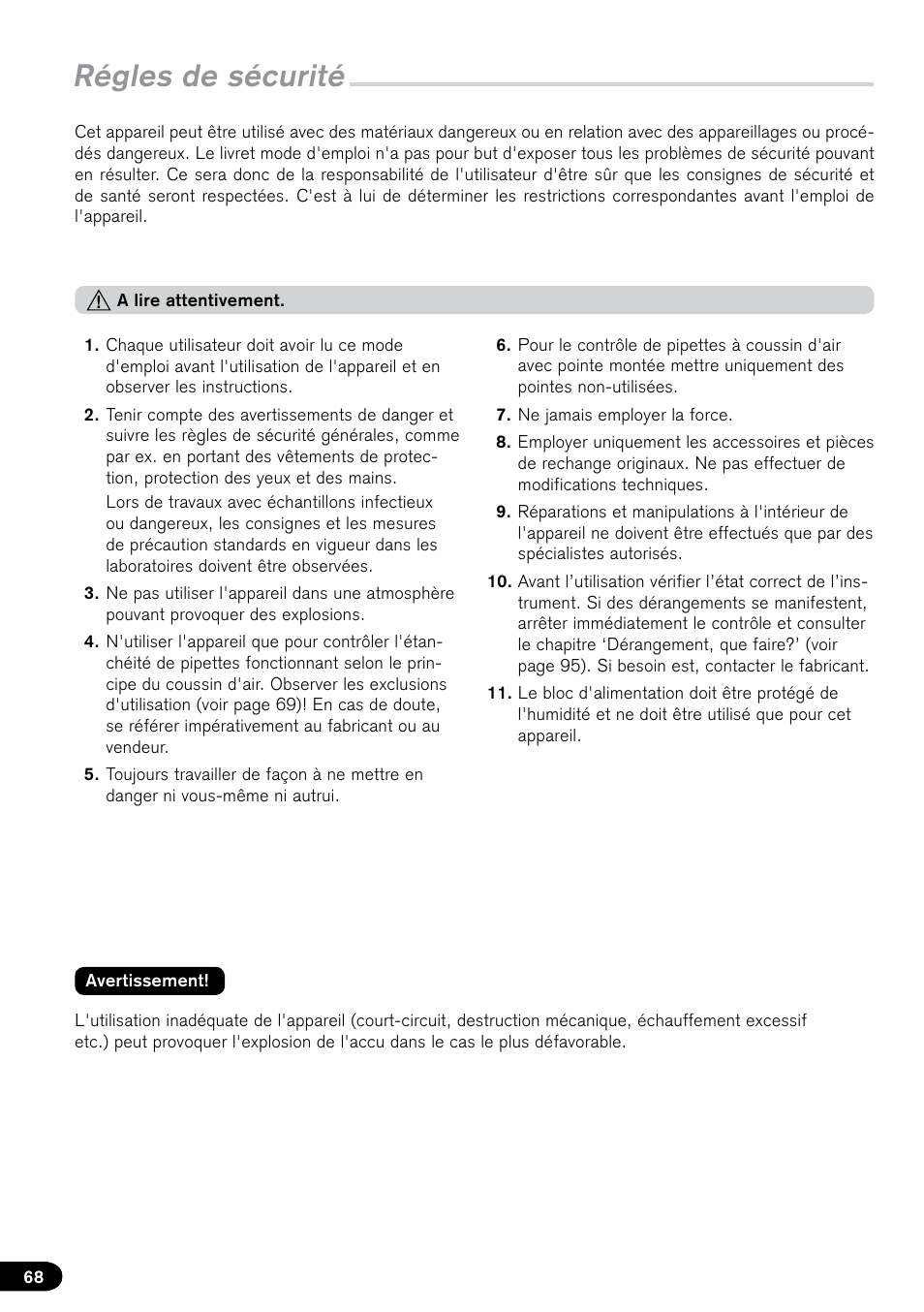 Régles de sécurité | BrandTech Scientific PLT unit Pipette Leak Testing Unit User Manual | Page 68 / 132