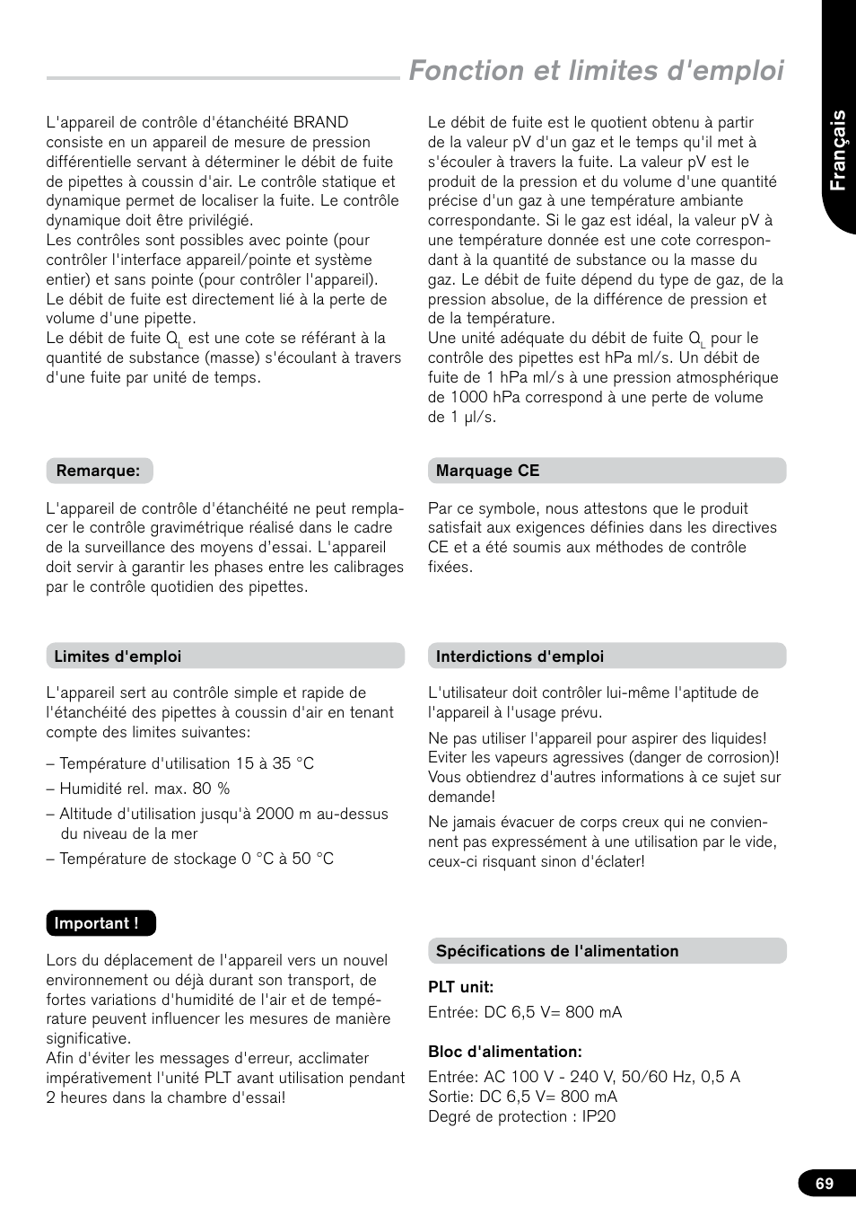 Fonction et limites d'emploi, Fr an ça is | BrandTech Scientific PLT unit Pipette Leak Testing Unit User Manual | Page 69 / 132