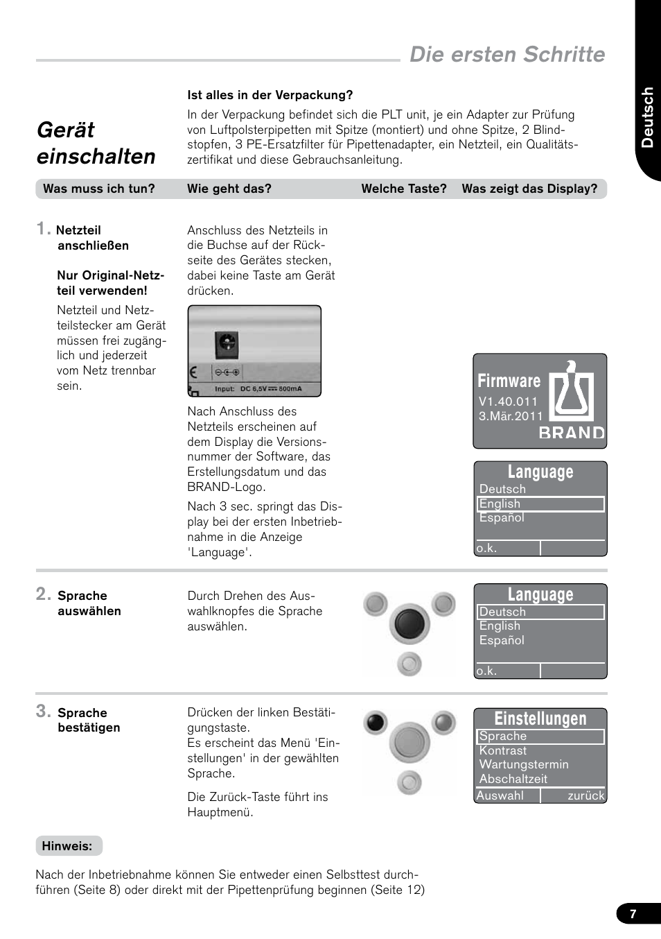Die ersten schritte, Gerät einschalten, Language | Einstellungen, Firmware | BrandTech Scientific PLT unit Pipette Leak Testing Unit User Manual | Page 7 / 132