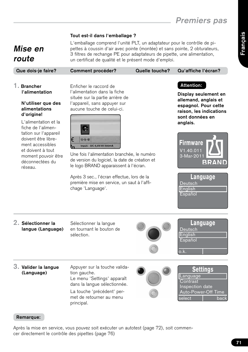 Premiers pas, Mise en route, Language | Settings, Firmware | BrandTech Scientific PLT unit Pipette Leak Testing Unit User Manual | Page 71 / 132